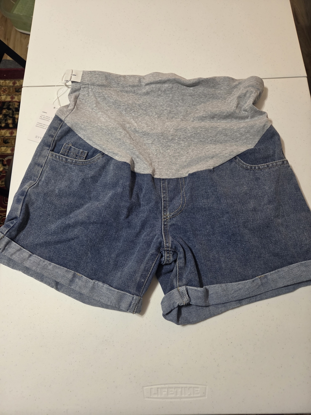 Maternity High-Waist Denim Shorts with Grey Knit Band